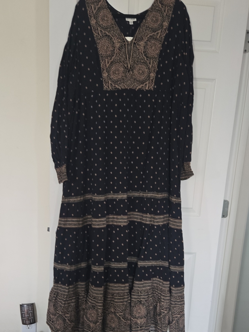 Bohemian Embroidered Maxi Dress - Black with Tan Accents..gold Accents